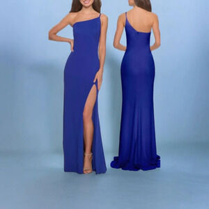 NWOT La Femme Blue One Shoulder Jersey Maxi Dress Size 6